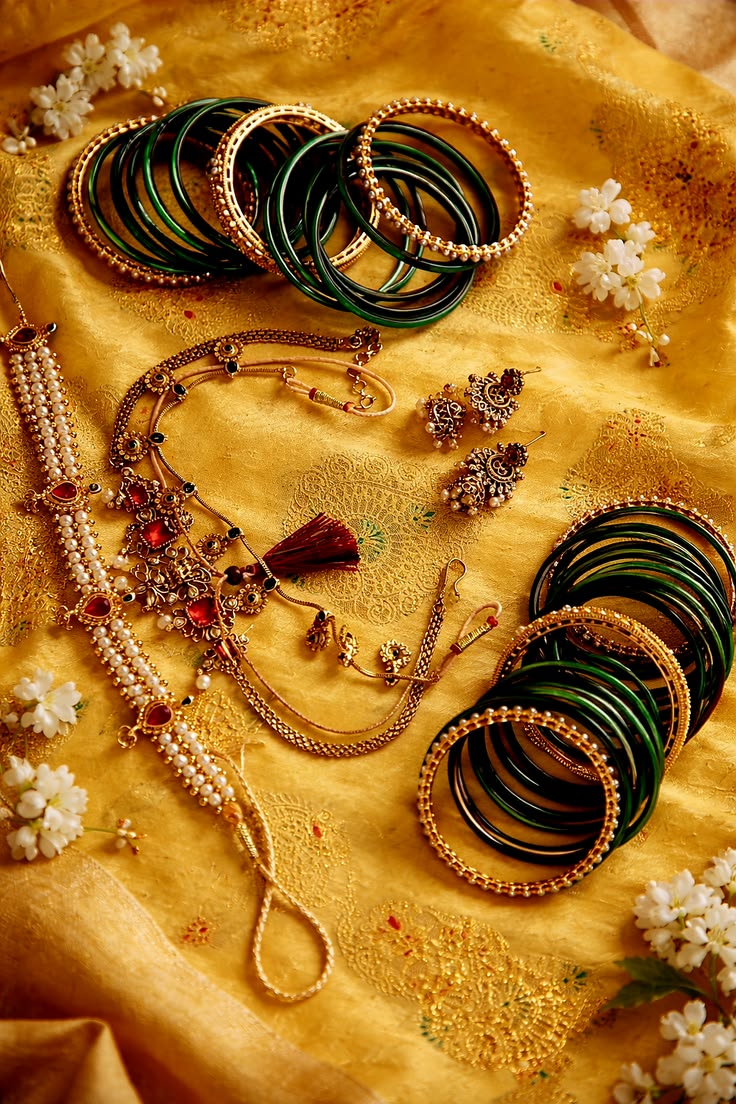 golden glow ✨ traditional green bangles & bridal jewelry flatlay