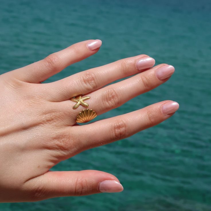 Stainless Steel Shell & Starfish Adjustable Ring - Image 2
